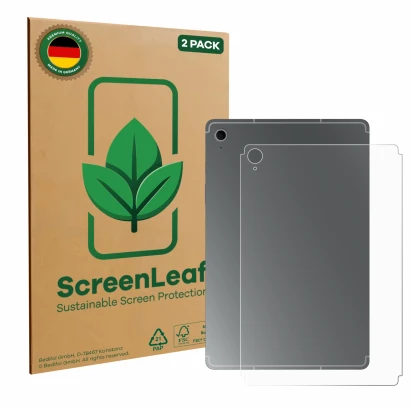 Front side of a product packaging with the brand logo ScreenLeaf. Next to it is the device Samsung Galaxy Tab S10 FE (Back) sh