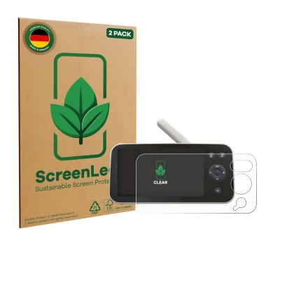 Front side of a product packaging with the brand logo ScreenLeaf. Next to it is the device Philips Avent SCD973/26 shown with 