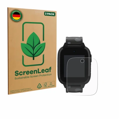 Front side of a product packaging with the brand logo ScreenLeaf. Next to it is the device Xplora XGO3 (2nd Gen.) shown with t