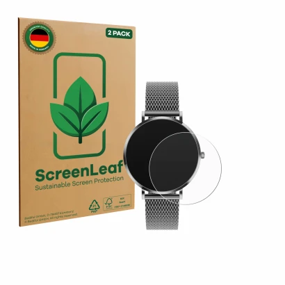 Front side of a product packaging with the brand logo ScreenLeaf. Next to it is the device Pireware Amory 5 shown with the cor