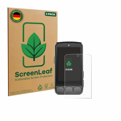 Front side of a product packaging with the brand logo ScreenLeaf. Next to it is the device Wahoo Elemnt Roam 3 shown with the 