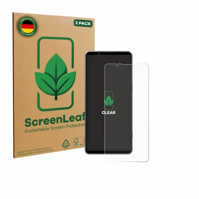 Front side of a product packaging with the brand logo ScreenLeaf. Next to it is the device Sony Xperia 1 VII shown with the co