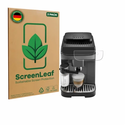 Front side of a product packaging with the brand logo ScreenLeaf. Next to it is the device DeLonghi Magnifica Evo shown with t