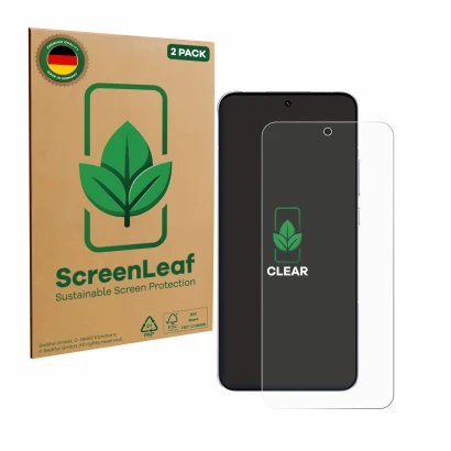 Front side of a product packaging with the brand logo ScreenLeaf. Next to it is the device Oppo Reno 14 Pro shown with the cor