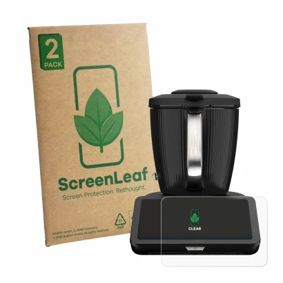 Front side of a product packaging with the brand logo ScreenLeaf. Next to it is the device Vorwerk Bimby TM7 shown with the co