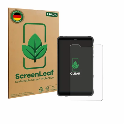 Front side of a product packaging with the brand logo ScreenLeaf. Next to it is the device Ulefone Armor Pad Pro shown with th