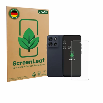 Front side of a product packaging with the brand logo ScreenLeaf. Next to it is the device Motorola Moto G56 (Front+Camera) sh
