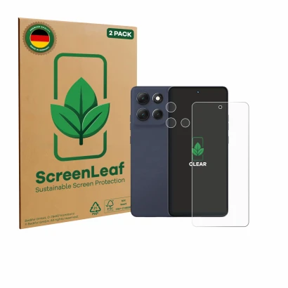 Front side of a product packaging with the brand logo ScreenLeaf. Next to it is the device Motorola Moto G86 (Front+Camera) sh