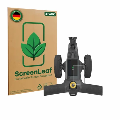 Front side of a product packaging with the brand logo ScreenLeaf. Next to it is the device PowaKaddy CT10 shown with the corre