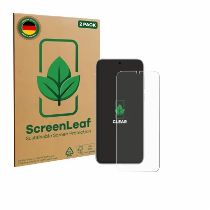 Front side of a product packaging with the brand logo ScreenLeaf. Next to it is the device Huawei Pura 80 Pro shown with the c