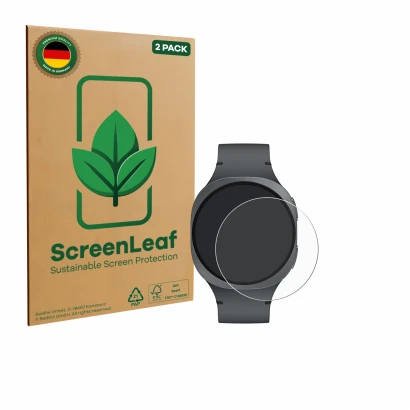 Front side of a product packaging with the brand logo ScreenLeaf. Next to it is the device Samsung Galaxy Watch 8 (40 mm) show