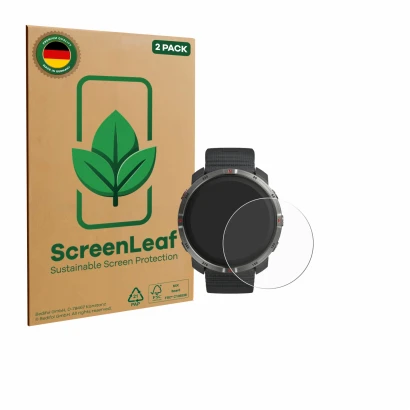 Front side of a product packaging with the brand logo ScreenLeaf. Next to it is the device Polar Grit X2 shown with the corres