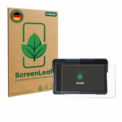 Front side of a product packaging with the brand logo ScreenLeaf. Next to it is the device Lamtto RC19 7" shown with the corre