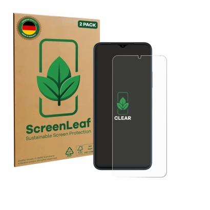 Front side of a product packaging with the brand logo ScreenLeaf. Next to it is the device Huawei Nova Y61 shown with the corr