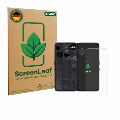 Front side of a product packaging with the brand logo ScreenLeaf. Next to it is the device Nothing Phone (3) (Front+Camera) sh