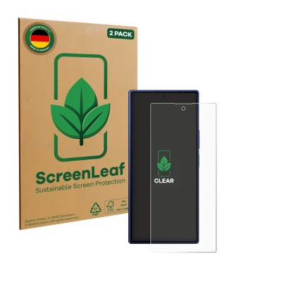 Front side of a product packaging with the brand logo ScreenLeaf. Next to it is the device Samsung Galaxy Z Fold 7 shown with 