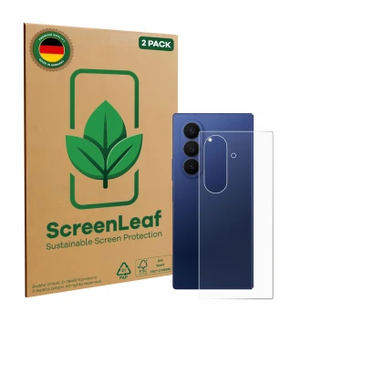 Front side of a product packaging with the brand logo ScreenLeaf. Next to it is the device Samsung Galaxy Z Fold 7 (Back) show