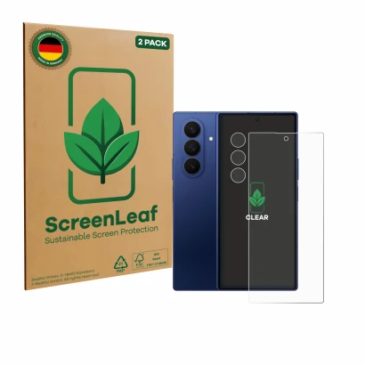 Front side of a product packaging with the brand logo ScreenLeaf. Next to it is the device Samsung Galaxy Z Fold 7 (Front+Came