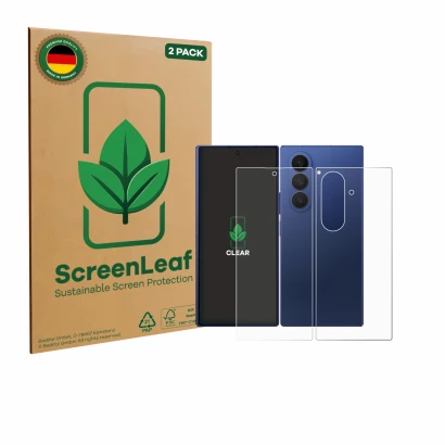 Front side of a product packaging with the brand logo ScreenLeaf. Next to it is the device Samsung Galaxy Z Fold 7 (Front+Back