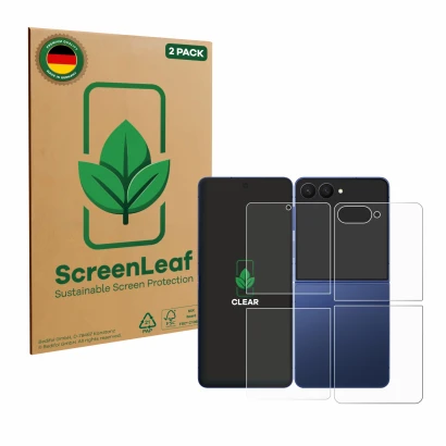 Front side of a product packaging with the brand logo ScreenLeaf. Next to it is the device Samsung Galaxy Z Flip 7 (Front+Back