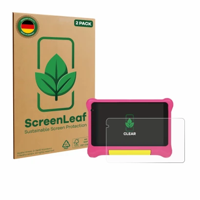 Front side of a product packaging with the brand logo ScreenLeaf. Next to it is the device Happybe Kids Tablet 7" shown with t
