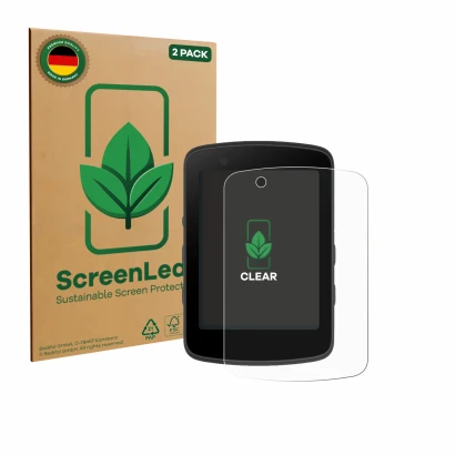 Front side of a product packaging with the brand logo ScreenLeaf. Next to it is the device Bryton Rider 550 shown with the cor