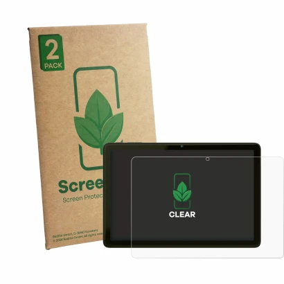 Front side of a product packaging with the brand logo ScreenLeaf. Next to it is the device VALE Tablet V10A shown with the cor