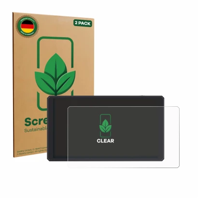 Front side of a product packaging with the brand logo ScreenLeaf. Next to it is the device Feelworld CUT6 6" shown with the co