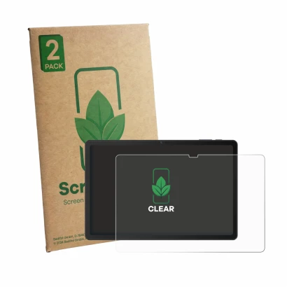 Front side of a product packaging with the brand logo ScreenLeaf. Next to it is the device VALE Tablet V11E LTE shown with the