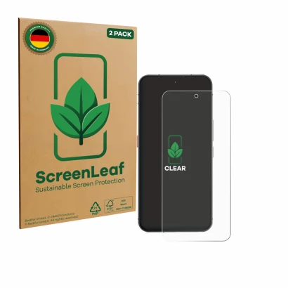 Front side of a product packaging with the brand logo ScreenLeaf. Next to it is the device Oukitel WP210 5G shown with the cor