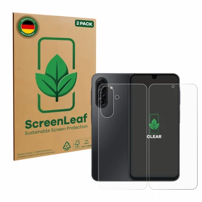 Front side of a product packaging with the brand logo ScreenLeaf. Next to it is the device Samsung Galaxy A17 5G (Front+Back) 