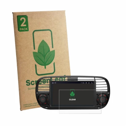 Front side of a product packaging with the brand logo ScreenLeaf. Next to it is the device Xtrons IA7250FLBS shown with the co