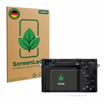 Front side of a product packaging with the brand logo ScreenLeaf. Next to it is the device Sony RX1R III shown with the corres