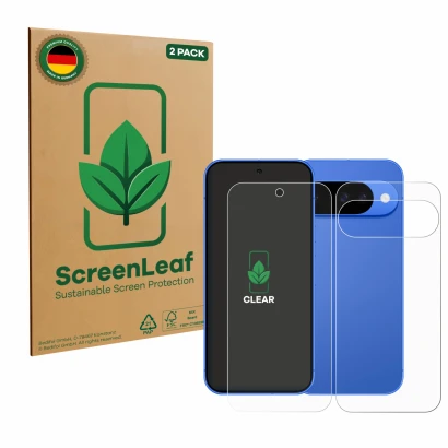 Front side of a product packaging with the brand logo ScreenLeaf. Next to it is the device Google Pixel 10 (Front+Back) shown 