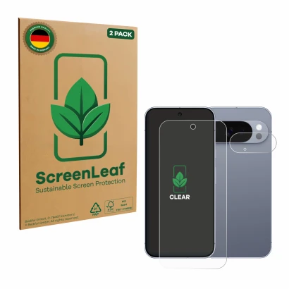 Front side of a product packaging with the brand logo ScreenLeaf. Next to it is the device Google Pixel 10 Pro (Front+Camera) 