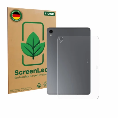 Front side of a product packaging with the brand logo ScreenLeaf. Next to it is the device Samsung Galaxy Tab S11 (Back) shown