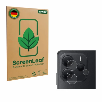Front side of a product packaging with the brand logo ScreenLeaf. Next to it is the device Xiaomi Redmi Note 14 4G (ONLY Camer