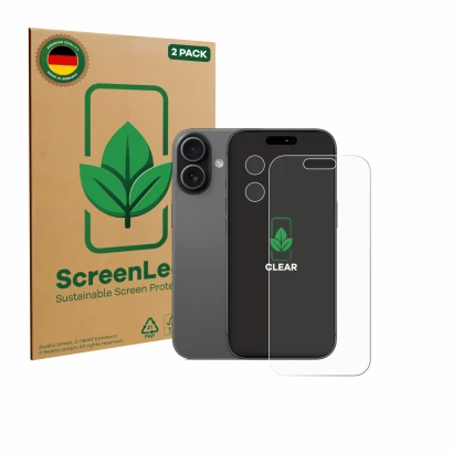 Front side of a product packaging with the brand logo ScreenLeaf. Next to it is the device Apple iPhone 17 (Front+Camera) show