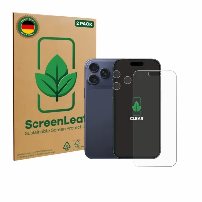 Front side of a product packaging with the brand logo ScreenLeaf. Next to it is the device Apple iPhone 17 Pro Max (Front+Came
