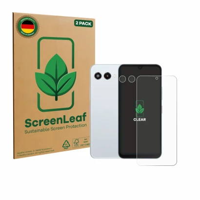 Front side of a product packaging with the brand logo ScreenLeaf. Next to it is the device Telekom T Phone 3 (Front+Camera) sh