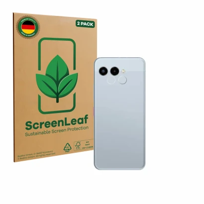 Front side of a product packaging with the brand logo ScreenLeaf. Next to it is the device Telekom T Phone 3 (ONLY Camera Lens