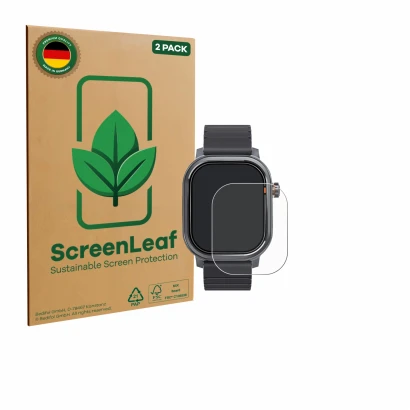 Front side of a product packaging with the brand logo ScreenLeaf. Next to it is the device Kospet Pulse shown with the corresp