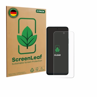 Front side of a product packaging with the brand logo ScreenLeaf. Next to it is the device Honor 400 Smart shown with the corr