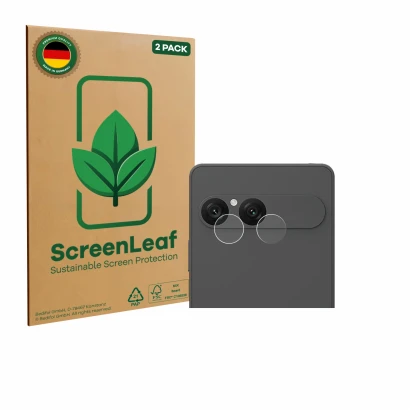 Front side of a product packaging with the brand logo ScreenLeaf. Next to it is the device Sony Xperia 10 VII (ONLY Camera Len