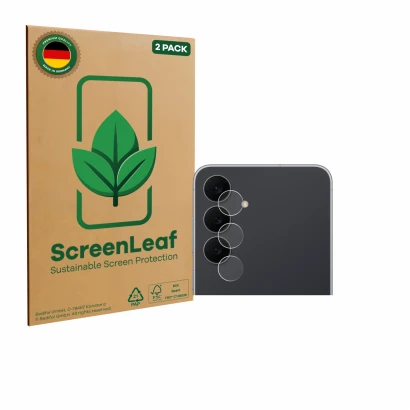 Front side of a product packaging with the brand logo ScreenLeaf. Next to it is the device Samsung Galaxy S25 FE Enterprise Ed