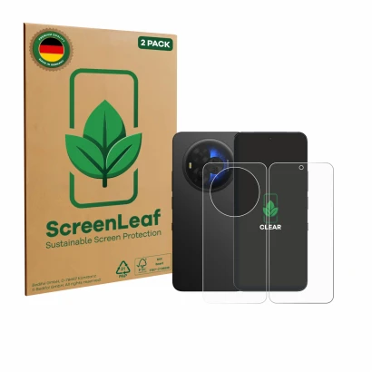 Front side of a product packaging with the brand logo ScreenLeaf. Next to it is the device TCL NXTPAPER 60 Ultra (Front+Back) 