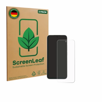 Front side of a product packaging with the brand logo ScreenLeaf. Next to it is the device Xiaomi 15T shown with the correspon