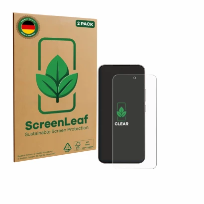 Front side of a product packaging with the brand logo ScreenLeaf. Next to it is the device Xiaomi 15T Pro shown with the corre