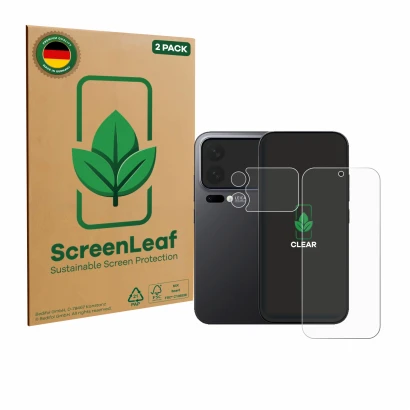 Front side of a product packaging with the brand logo ScreenLeaf. Next to it is the device Xiaomi 17 Pro (Front+Camera) shown 