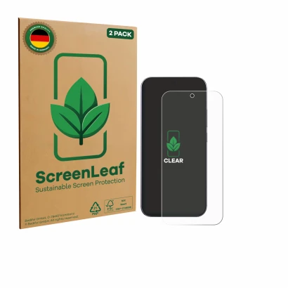 Front side of a product packaging with the brand logo ScreenLeaf. Next to it is the device Xiaomi 17 Pro Max shown with the co